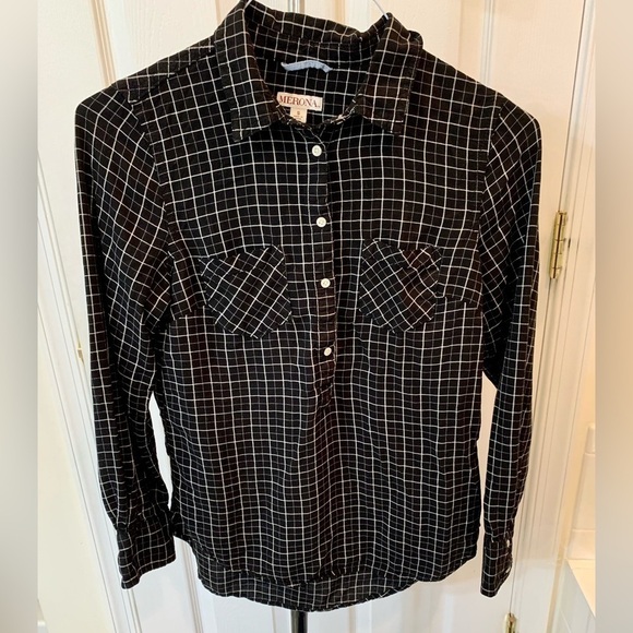 Merona Black Plaid Popover Button Down Shirt Size Small - Picture 1 of 3